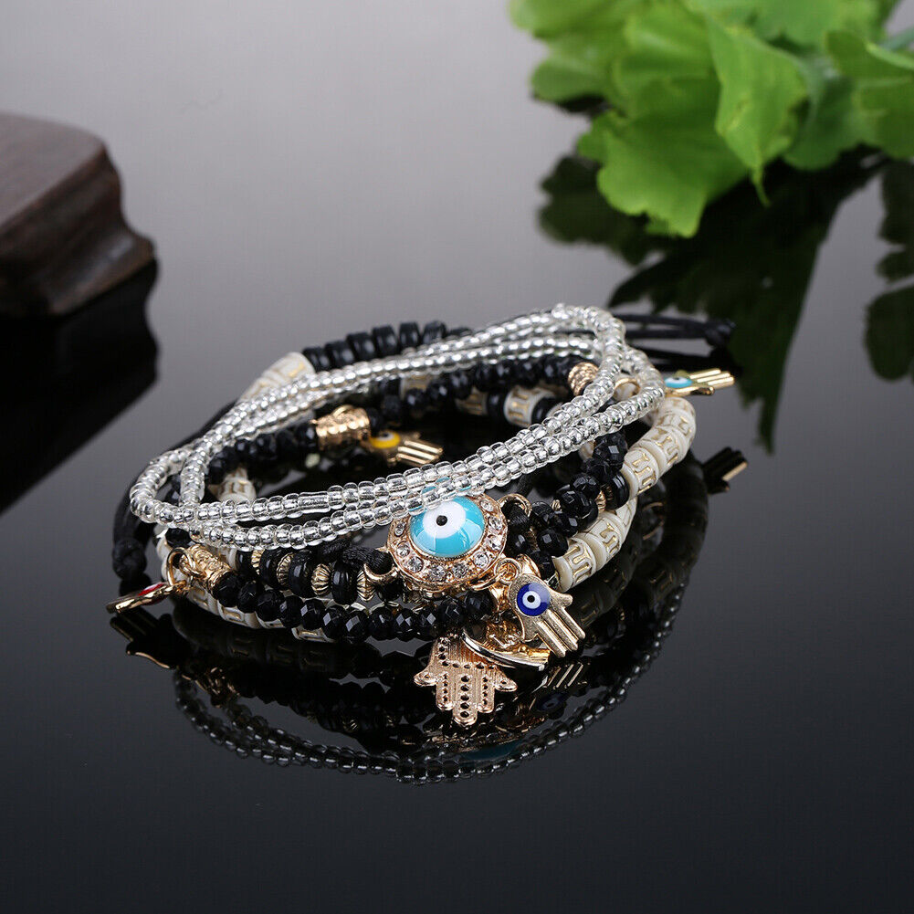 Lucky Hamsa Hand Blue Evil Eye Bracelets Bangles Multilayer (Black)
