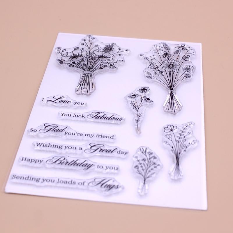Flower Bouquets Blessing Words Clear Stamp Seal Handmade Crafts Embossing Decor