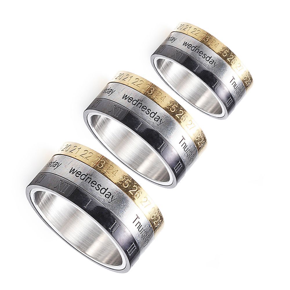 Steel Biker Date Time Calendar Roman Numerals Rings 3 Part Punk Rotatable