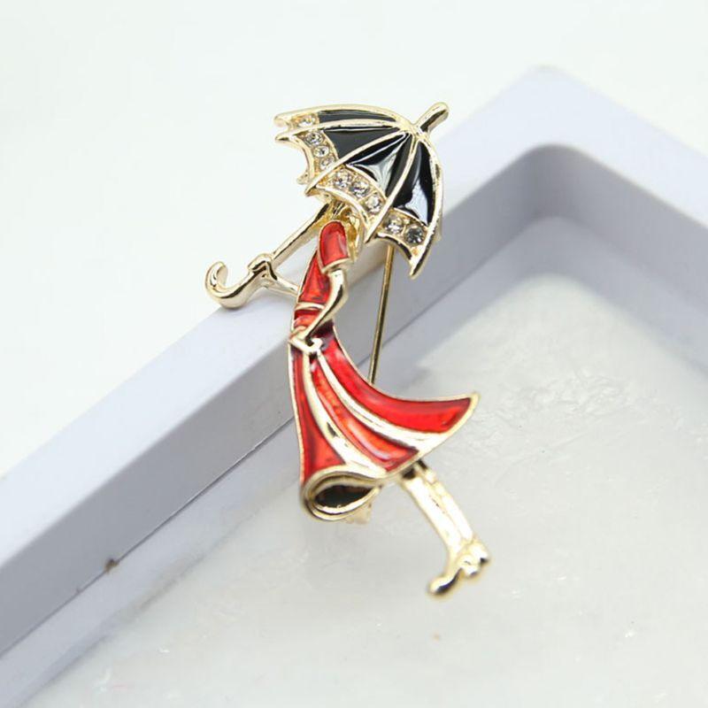 Cartoon Pins Brooch Umbrella Girl Badge Enamel Rhinestones Lapel Cute Dresses