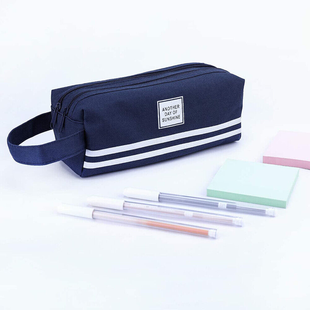 Large Capacity Pencil Case Bags Zipper Solid Stationery Box (Navy Blue)