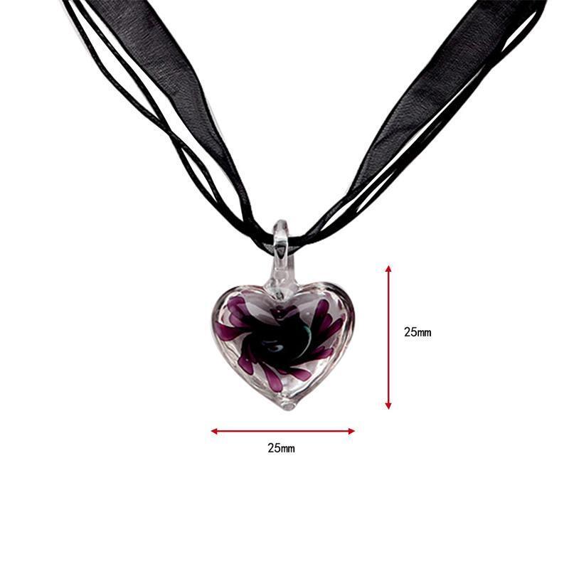 Murano Glass Pendant Necklace Purple Heart Flowers Ribbon Chain