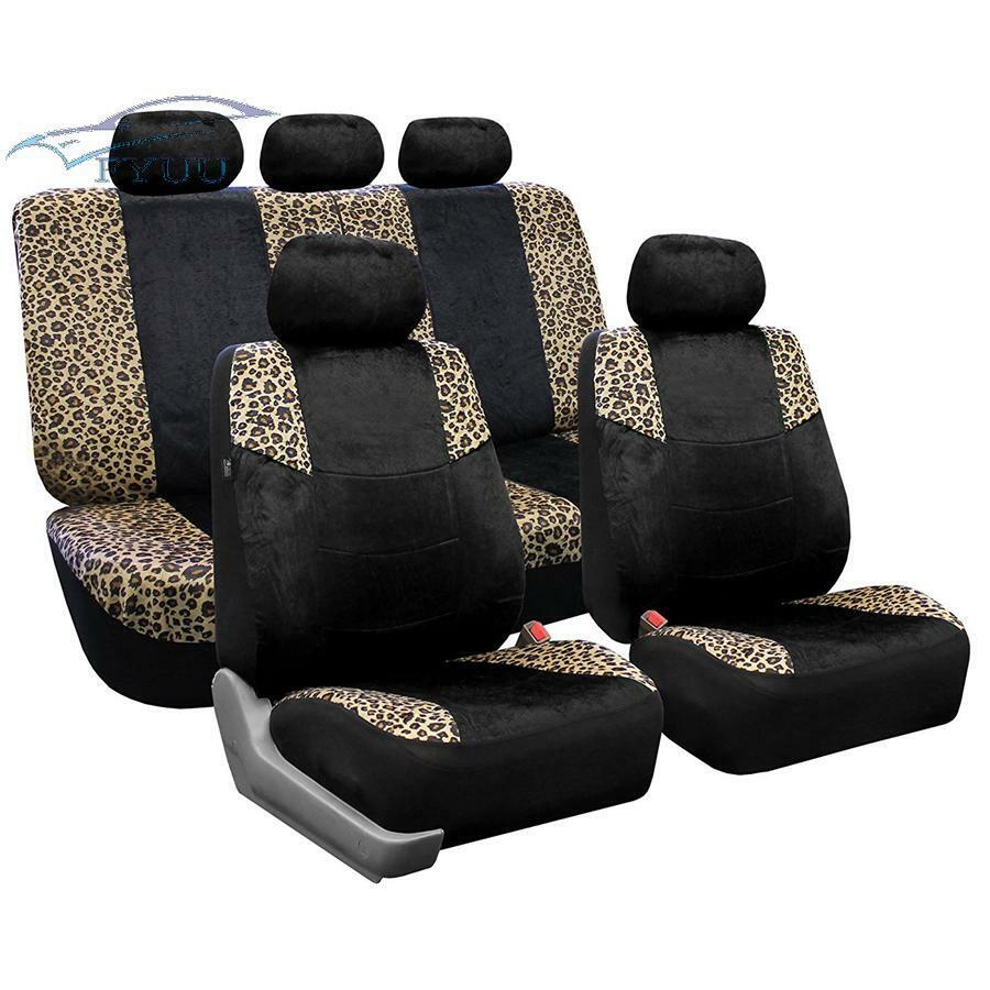 5 Seat Lush Velour Seat Cover Split Bench Leopard Full Set For Car SUV Truck