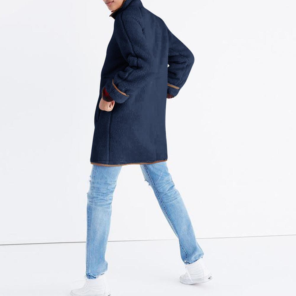 Splicing Color Long Sleeve Coat High Neck Women Zip Outwear (Dark Blue XL)