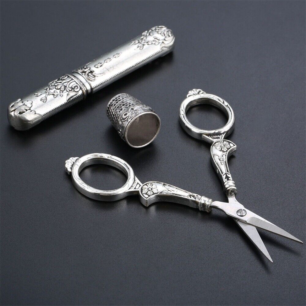 Exquisitely Carved Scissors Thimble Needle Case Embroidery Sewing Tool 3Pc/Set