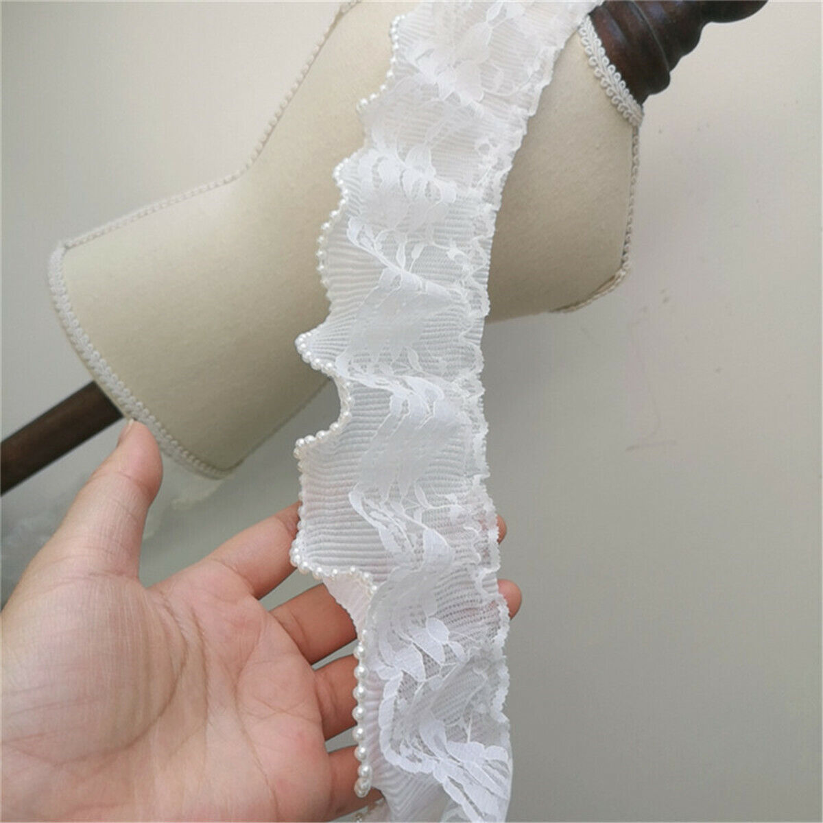 50cm Polyester 2-Layer Bead Pleated Lace Trim Ribbon Dress Cuff Sewing DIY Craft
