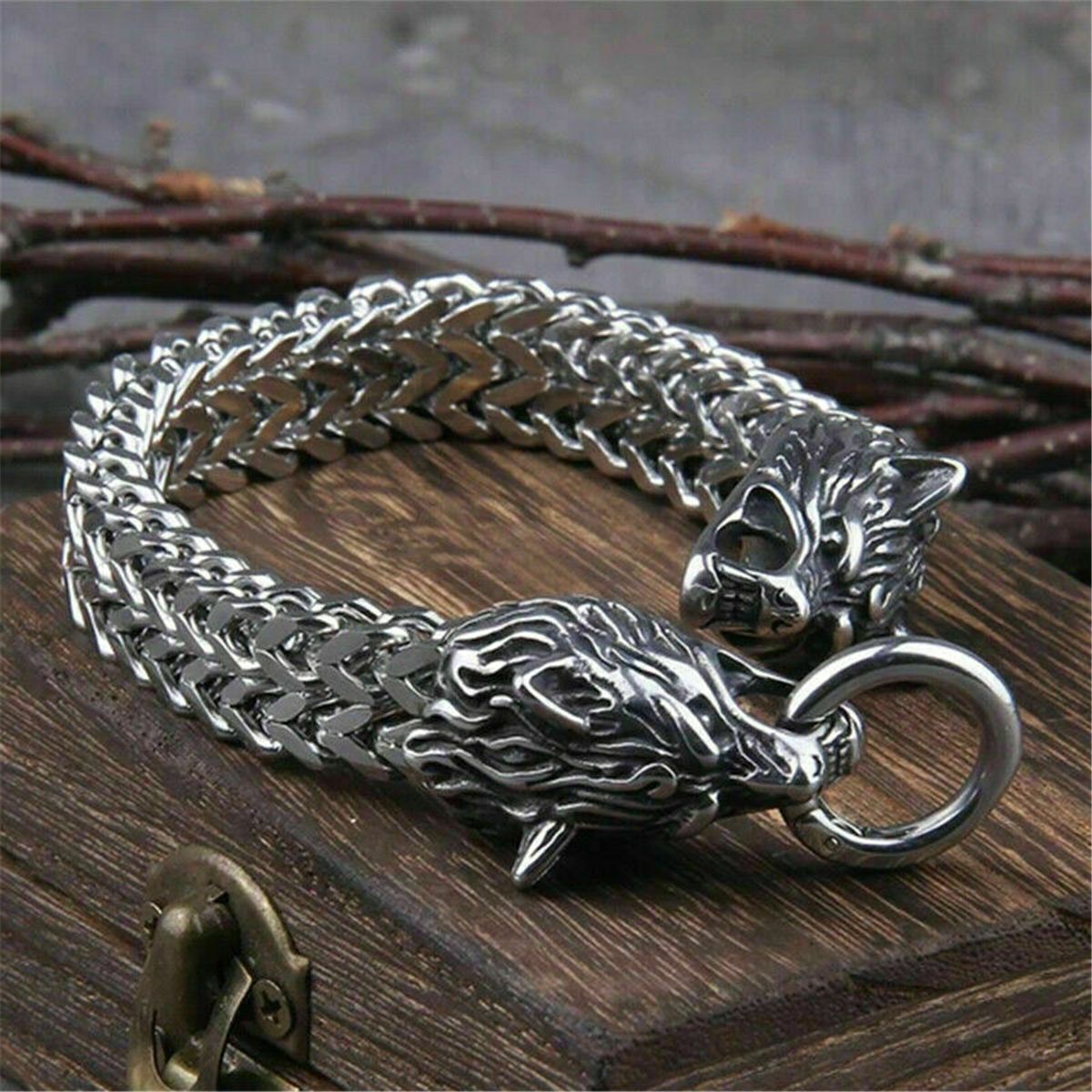 Clasp Fenrir Head Bracelet Viking Stainless Steel Bracelet Wolves Head Bangle