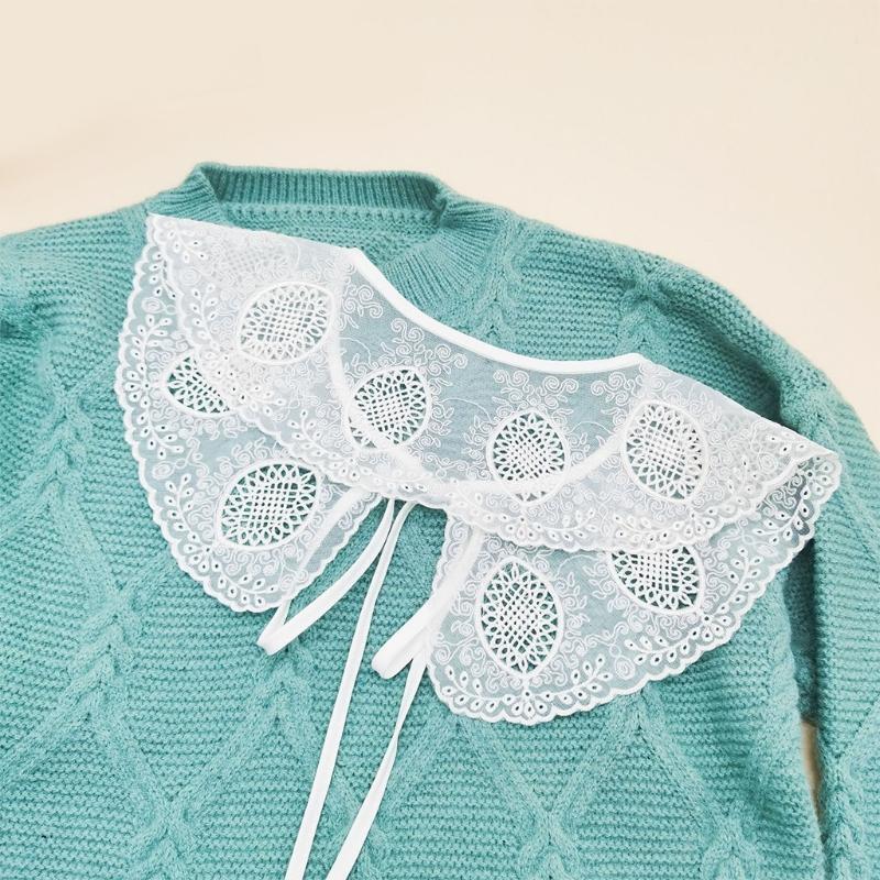 Women Scalloped Trim False Collar Shawl Embroidery Leaves Floral Bow Scarf Cape