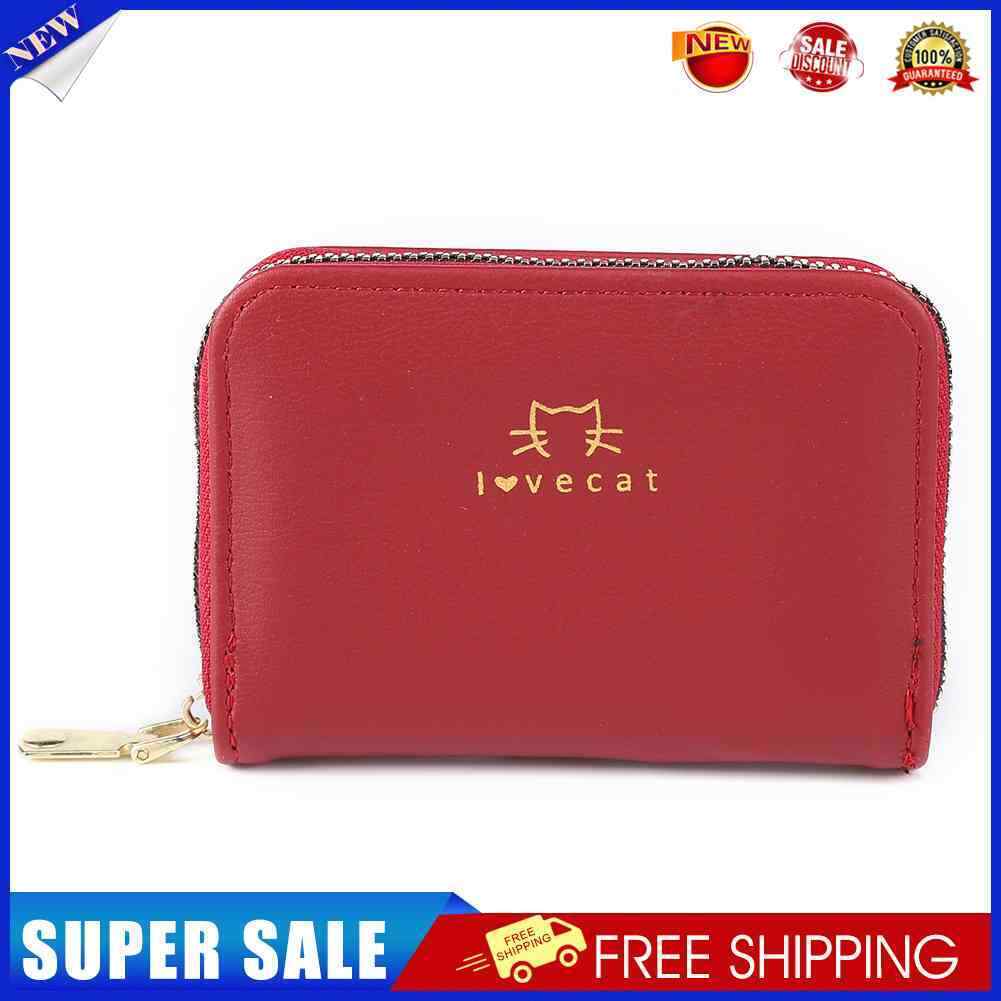 Women Card Holder Cat PU Leather Clutch Wallet Zipper Purse (Wine Red)