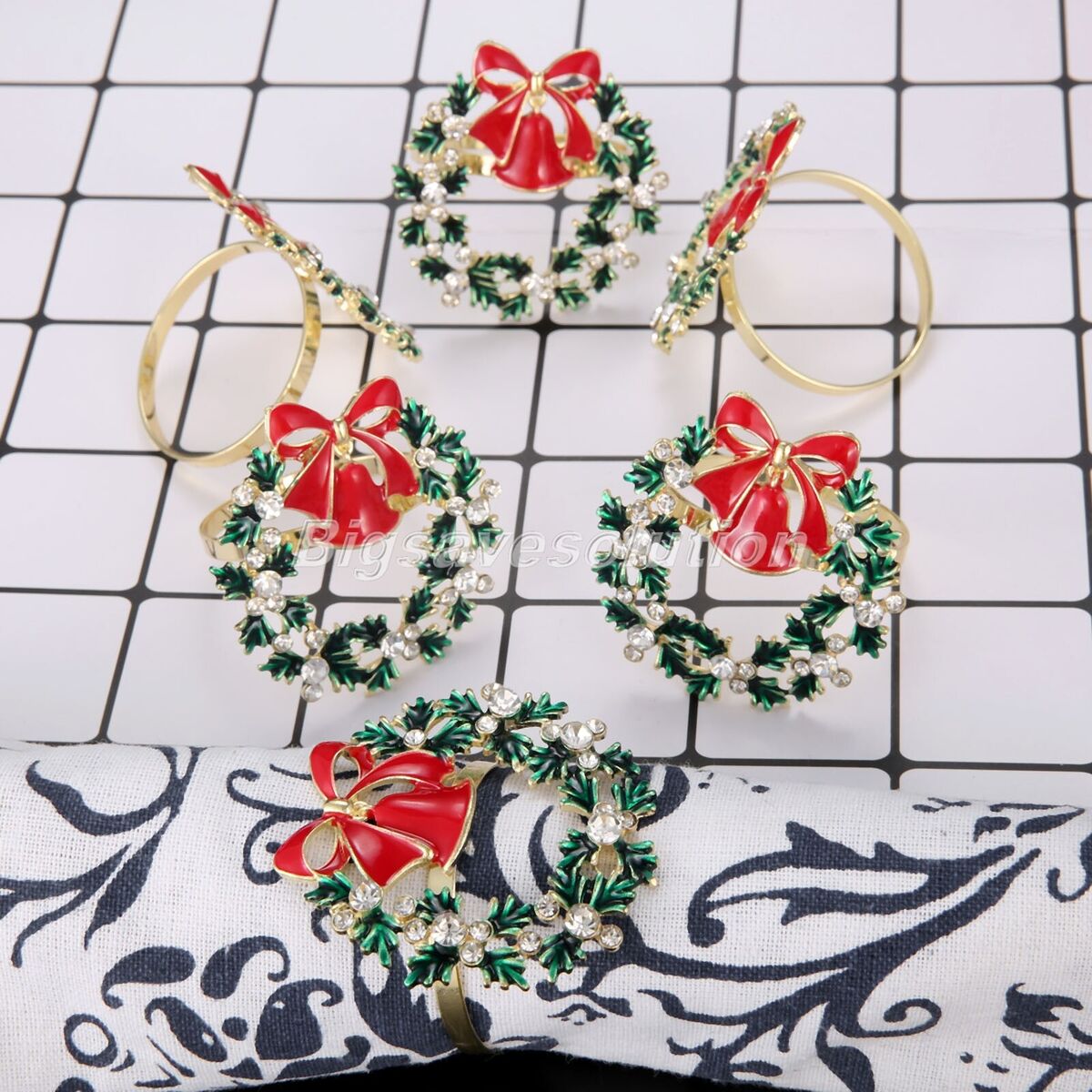 6pcs Christmas Tree Napkin Rings Bow Flower Wreath Buckle Xmas Thanksgiving Use