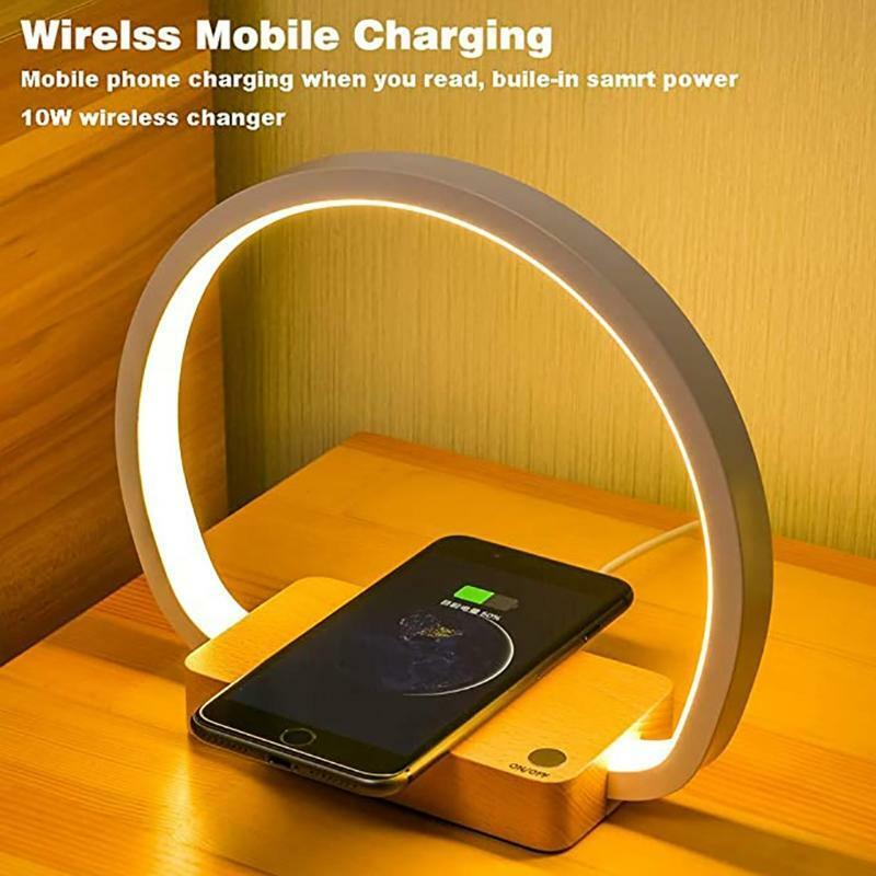 Wireless Charger Wood LED Table Lamp with Touch Control Eye-Caring Reading Light