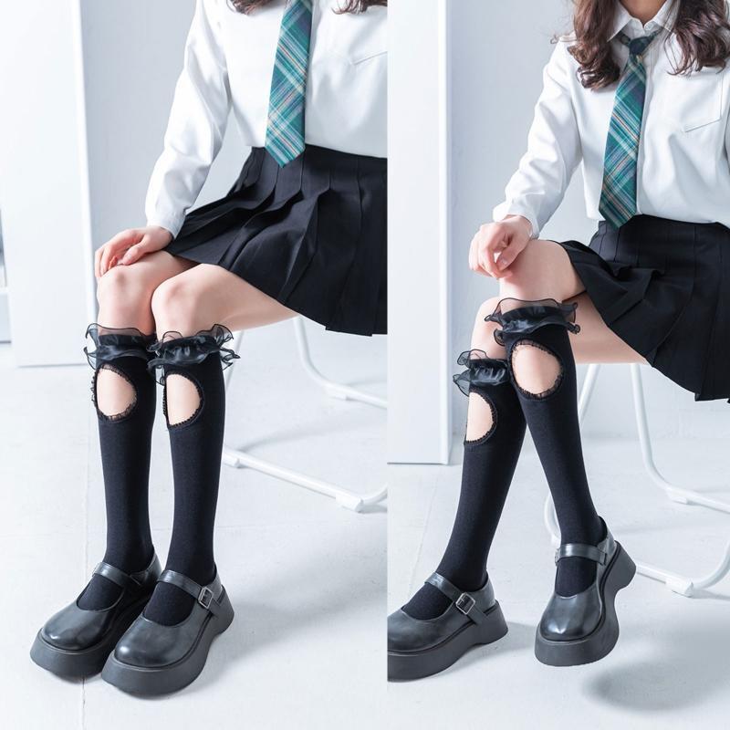Women Cotton Black Knee High Socks Gothic Lolita Ruffled Trim Hollow Stockings