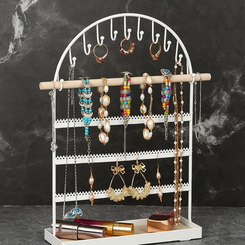 Tiered Jewelry Display Rack Metal Jewelry Organizer with Wooden Tray & Hook
