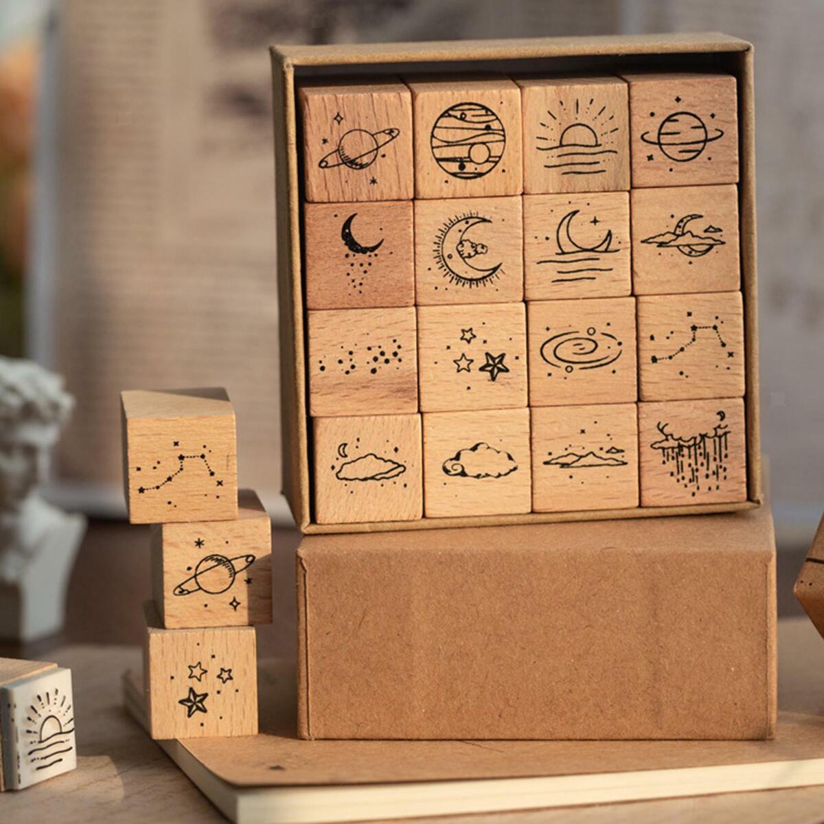 16Pcs Wooden Rubber Stamp Set DIY  Art Crafts Decorative Planner