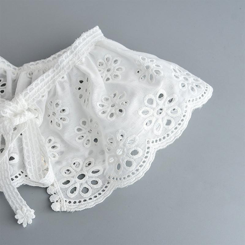 Women Embroidery Lotus Root Pattern Faux Collar Pleated Shawl Lace-Up Cape Scarf
