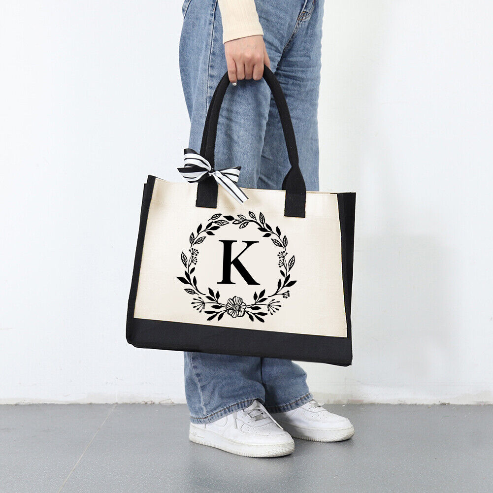 Letter Canvas Bag Women Hit Color Simple Shoulder Shopping Tote Handbag (K)