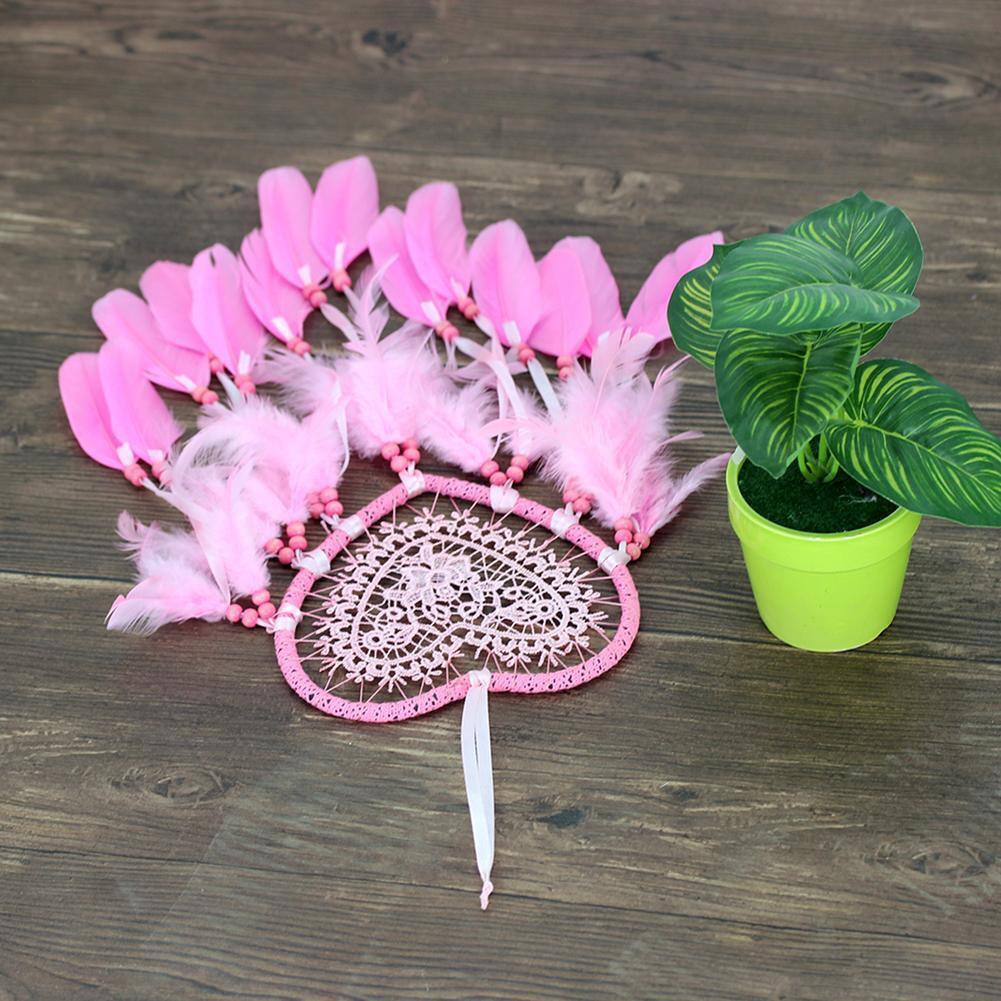 Pink Feathers Love Heart Dream Catcher Pure Handmade Wall Hanging Pendant