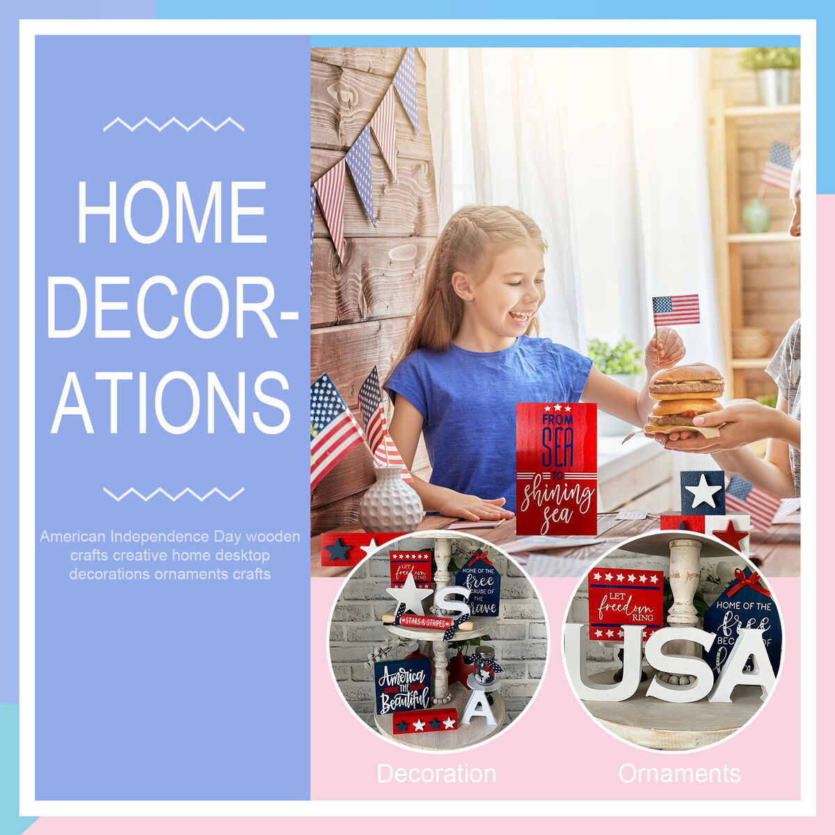 Independence Day Patriotic Ornaments - Blue Red & White Wooden Craft Decor