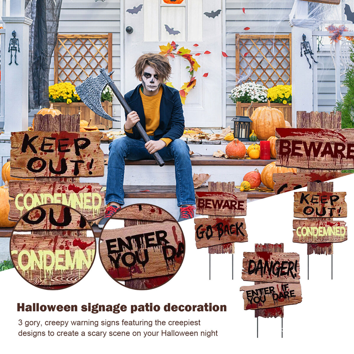 Halloween Yard Sign Stakes Outdoor Creepy Beware Danger Warning Sign 3pcs