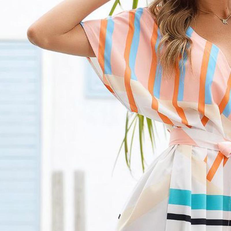 Women Short Sleeve Long Kimono Cardigan Colorful Striped Belted Beach Cover Up