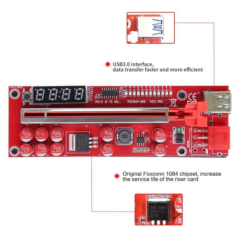 PCI-E Riser Card VER013 Pro PCIE 1X to 16X Expansion Card USB3.0 Sata 6Pin + LED