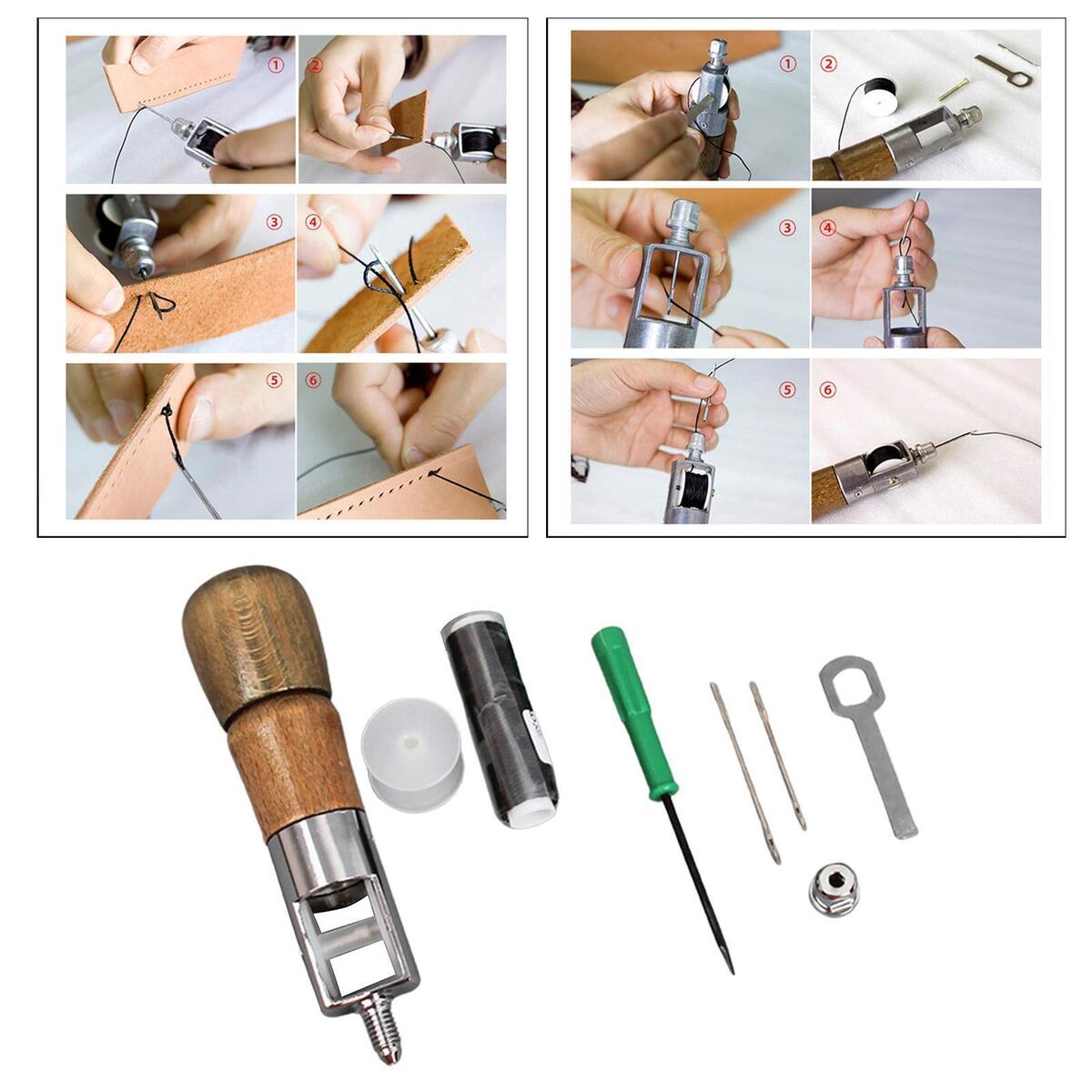 Blesiya 8pcs Sewing Awl Set Wooden Handle Stitching Needles Thread Kit for
