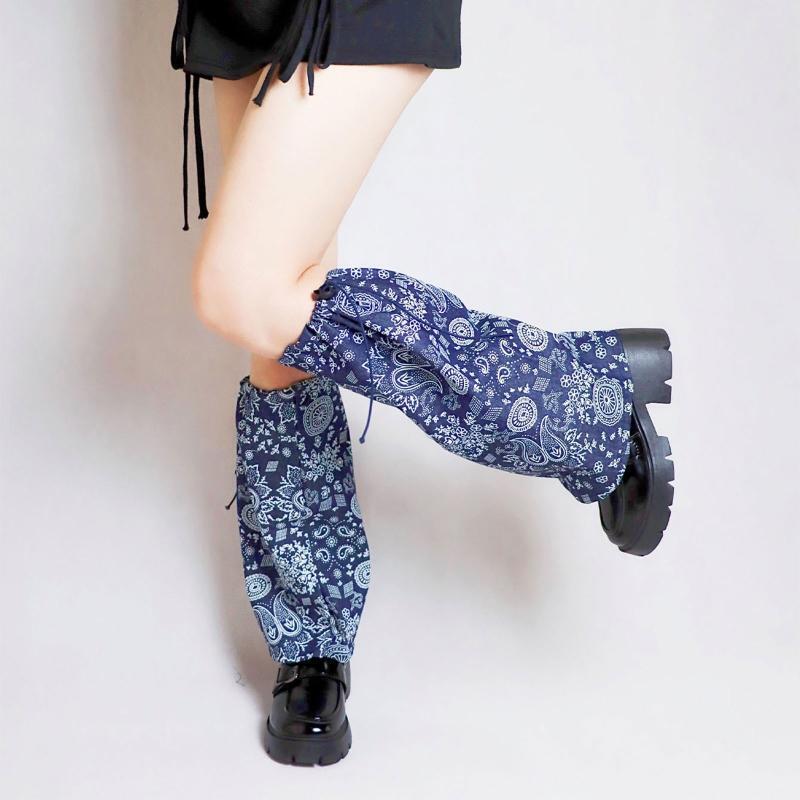Women Gothic Drawstring Denim Leg Warmer Paisley Floral Loose Foot Cover Socks