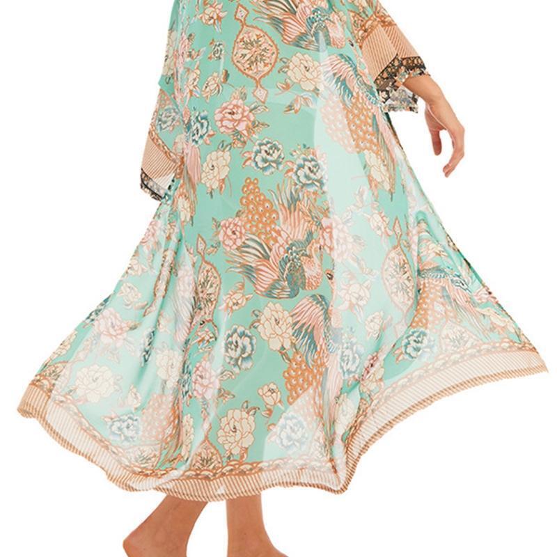 Women Beach Long Kimono Cardigan Peacock Floral Print Chiffon Cover Up Blouse