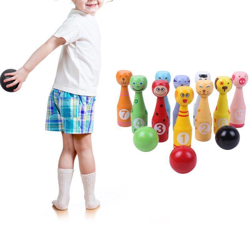 13pcs/set Wooden Bowling Set 10 Pins 3 Ball Animal Bowling Game for Children