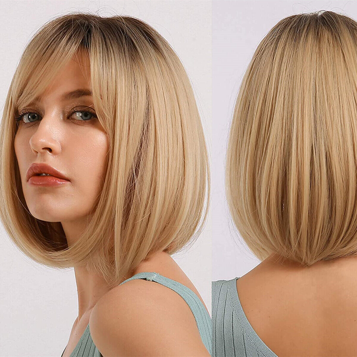 Fashion Women Oblique Bangs Bob Wig Short Straight Blonde Hair Synthetic Wigs