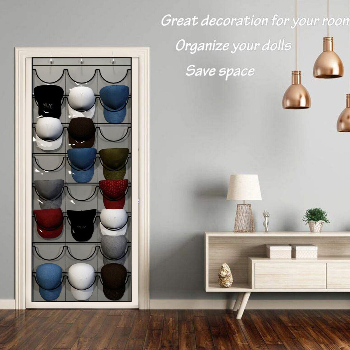 Baseball Hat Rack 24 Clear Hanging Over The Door to Protect Cap (Grey)