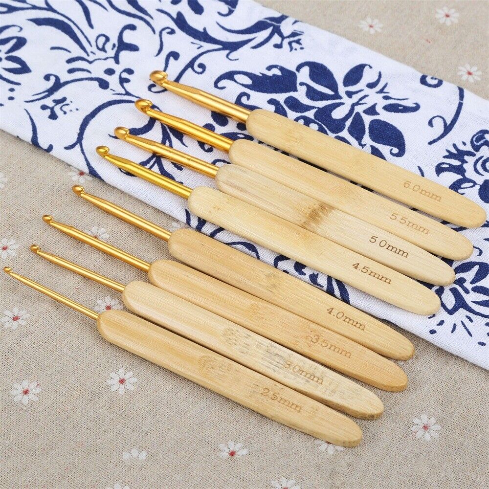 8pcs Bamboo Handle Crochet Hooks Practical Bag Knitting Yarn DIY Sewing Needles