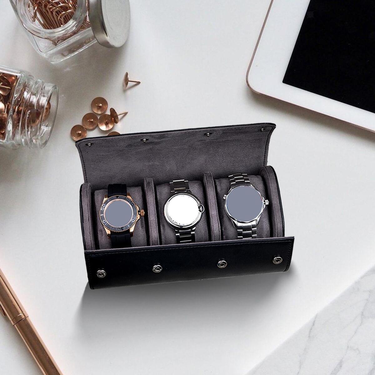 of2 3 Slots Luxury PU Leather Watch  Travel Case Organizer Holder