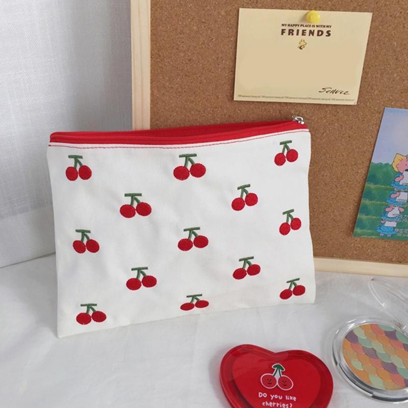 Cute Little Cherry Embroidery Storage Bag with Zipper Coin Lipstick Bags