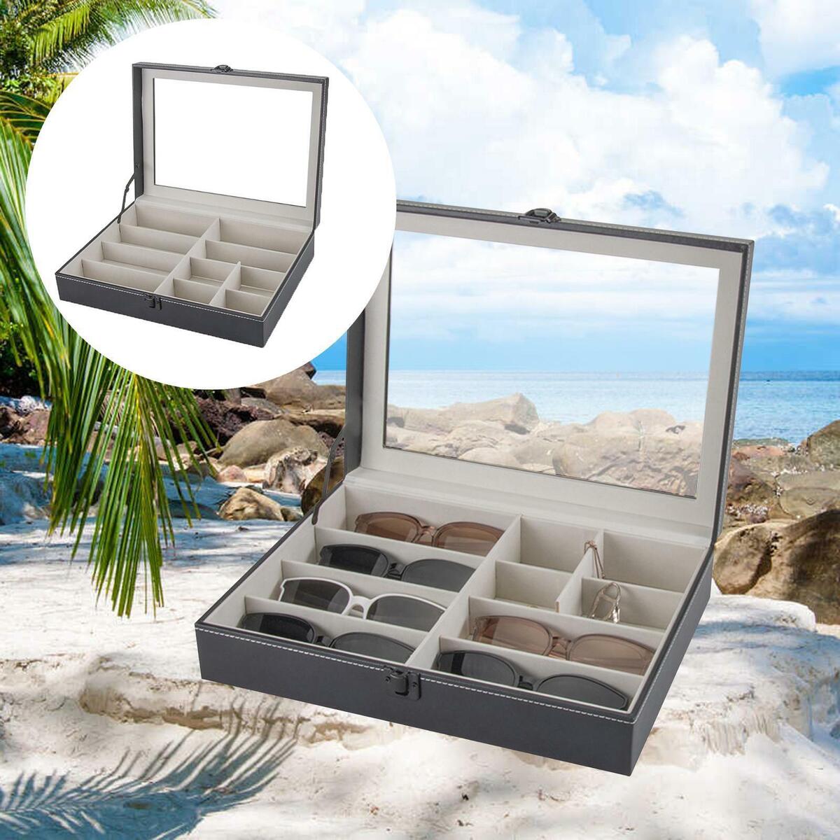 8 Slots Sunglasses Organizer Display PU Leather Holder Organizer Transparent Lid