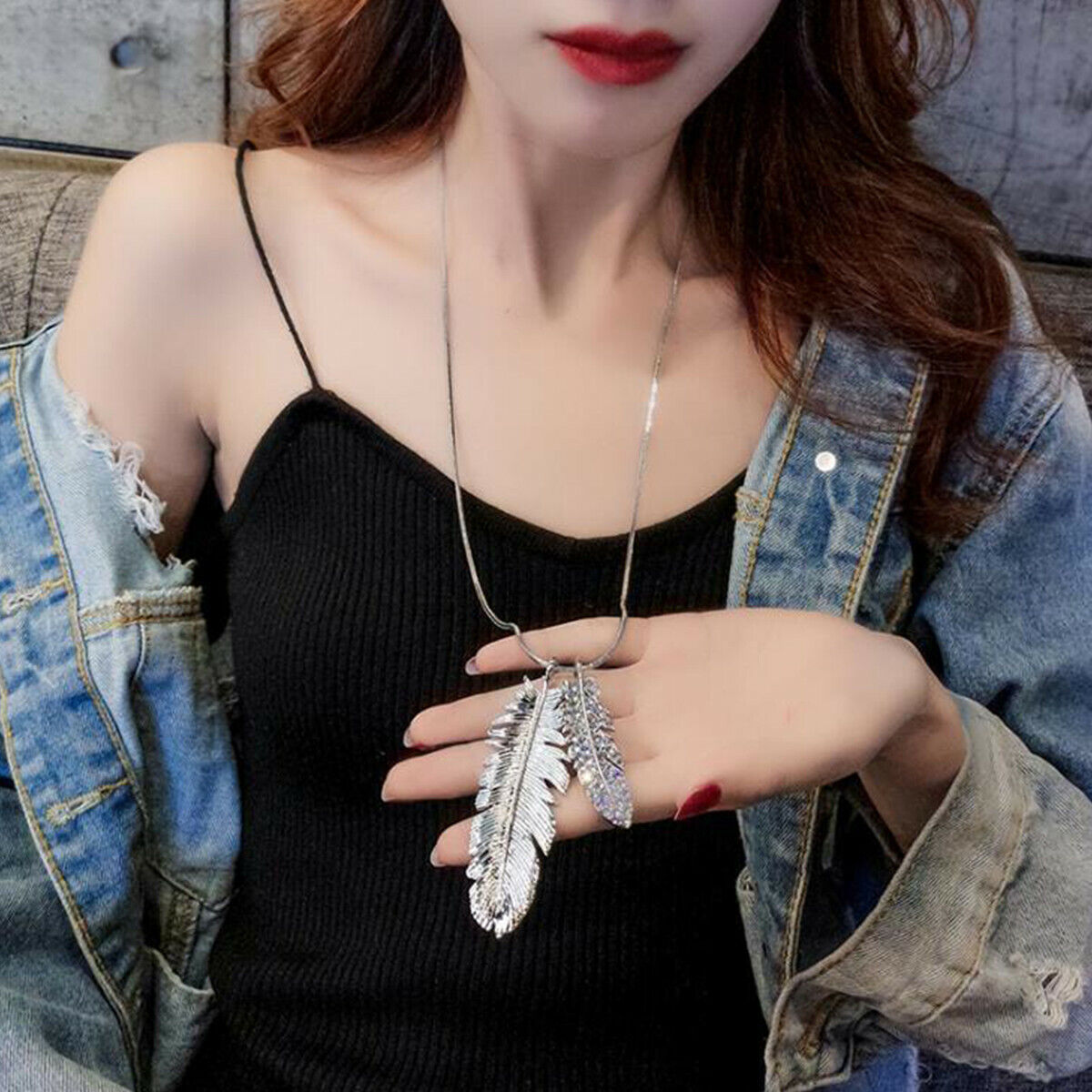 Charm Rhinestone Feather Long Sweater Pendant Necklace Women Jewelry Gift