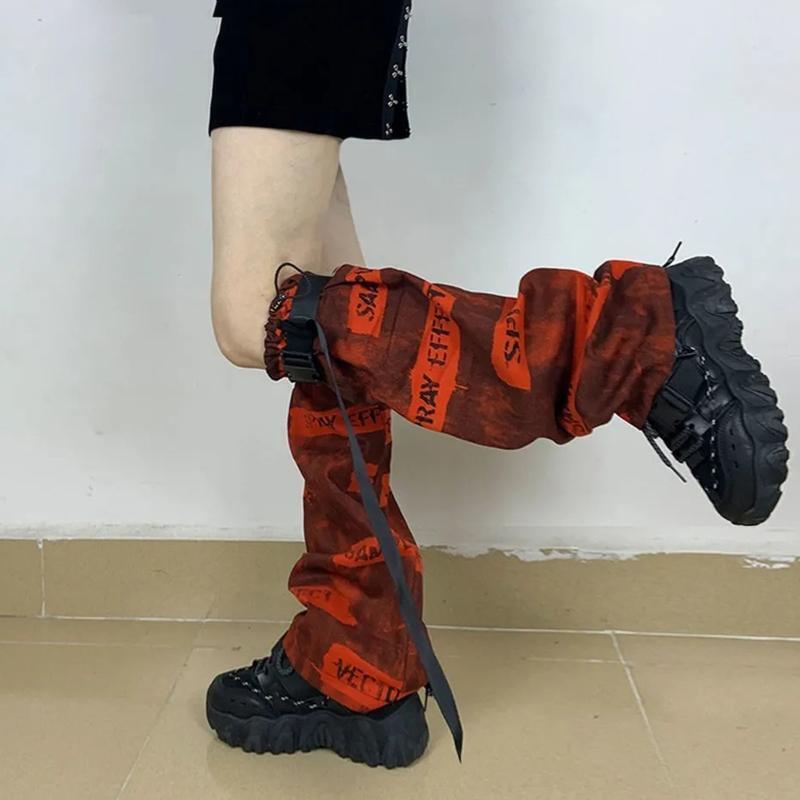 Women Punk Red Letters Leg Warmers with Buckle Belt Gothic Loose Foot Cover Sock