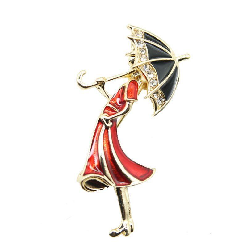 Cartoon Pins Brooch Umbrella Girl Badge Enamel Rhinestones Lapel Cute Dresses