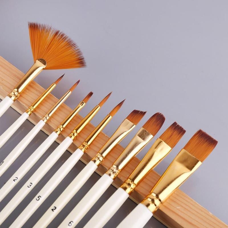 10pcs Nylon Hair Wooden Handle Watercolor Paint Brush Pen Oil Acrylic Painting