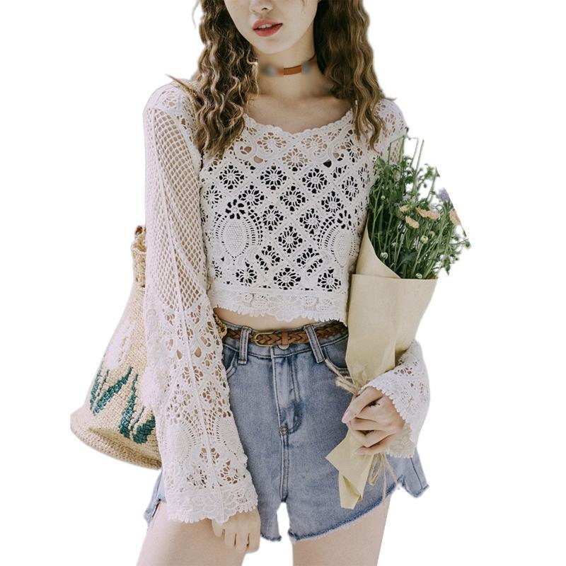 Women Hollow Crochet Cover Up Shirt Knit Plaid Floral Beach Loose Sheer Crop Top