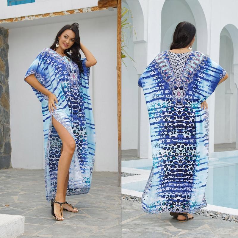 Women Leopard Striped Print Beach Maxi Dress Cover Up Lace-Up V-Neck Kaftan Robe