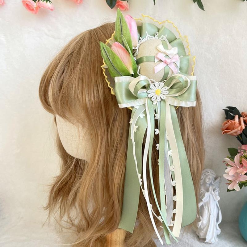 Lolita Green Tulip Hairpin Pink Flower Lace Top Hat Surprise Gift for Girlfriend