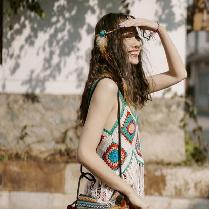 Women Boho Spaghetti Strap Camisole Crochet Contrast Color Plaid Tassel Crop Top