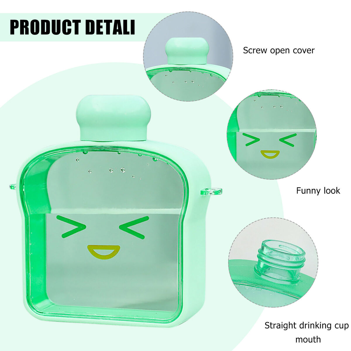 Clear Water Bottles Bread Shape Cup with Rotatable Threaded Lids (Green)