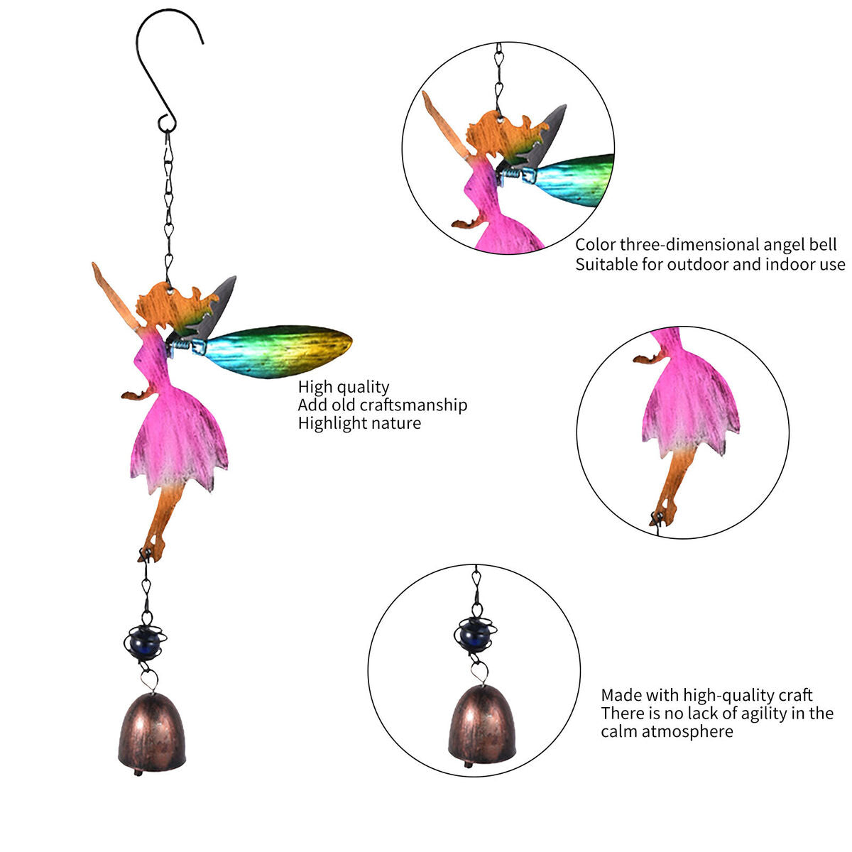 Fairy Angel Wind Chimes Metal Art Wind Bell for Indoor Outdoor Yard (Pink)
