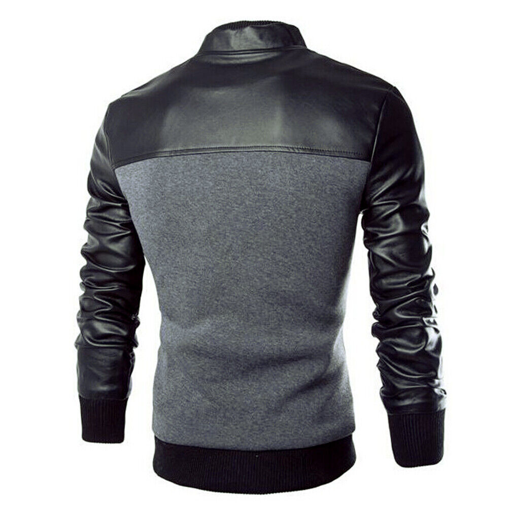 Men Winter Leather Splicing Long Sleeves Stand Collar Jacket (Grey 2XL)-985