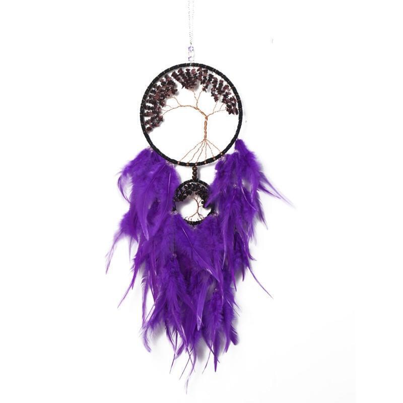 Woven Tree of Life Dream Catcher with Crystal Stones Feather Wall Hanging Decor