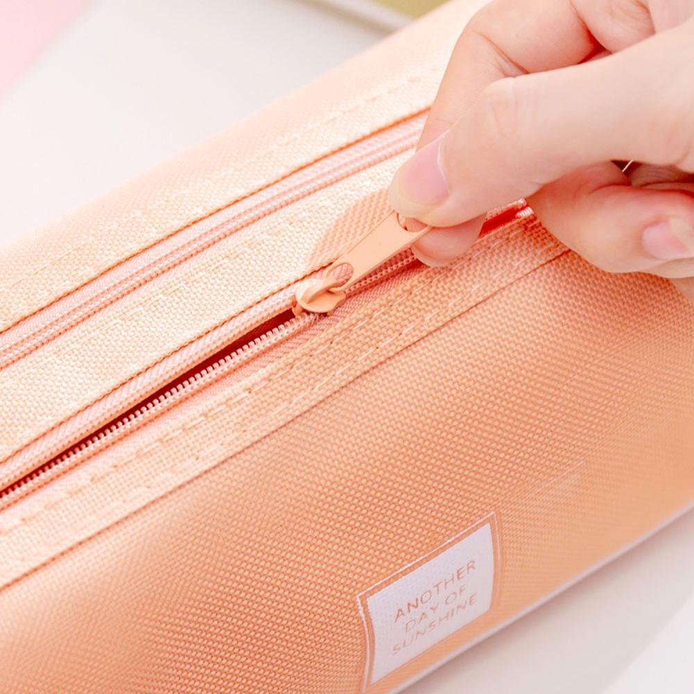 Simple Color Canvas Pencil Case Large Capacity Zipper Stationery (Pink)