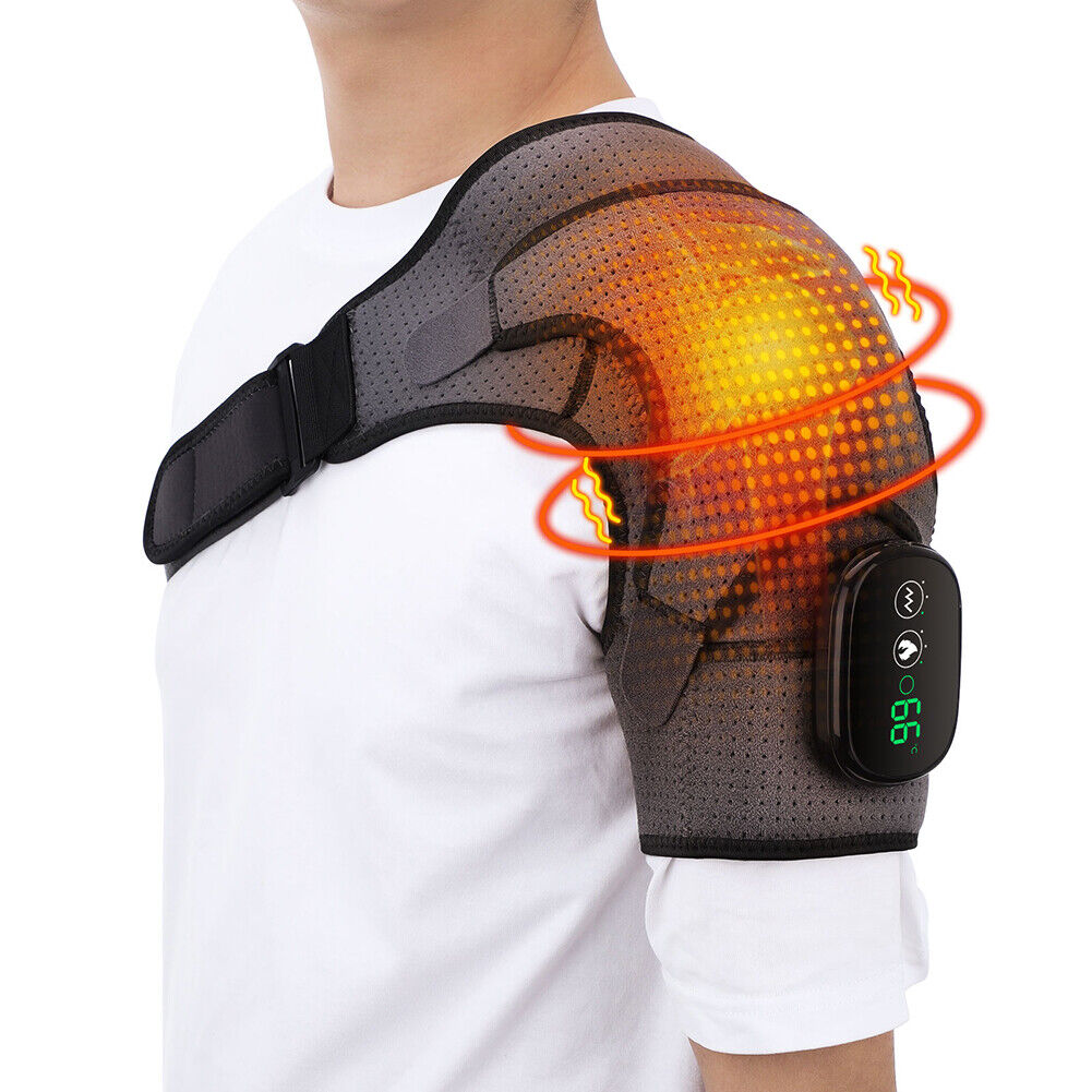 Heating Vibration Massage Shoulder Brace Therapy Support Belt (Grey Black)
