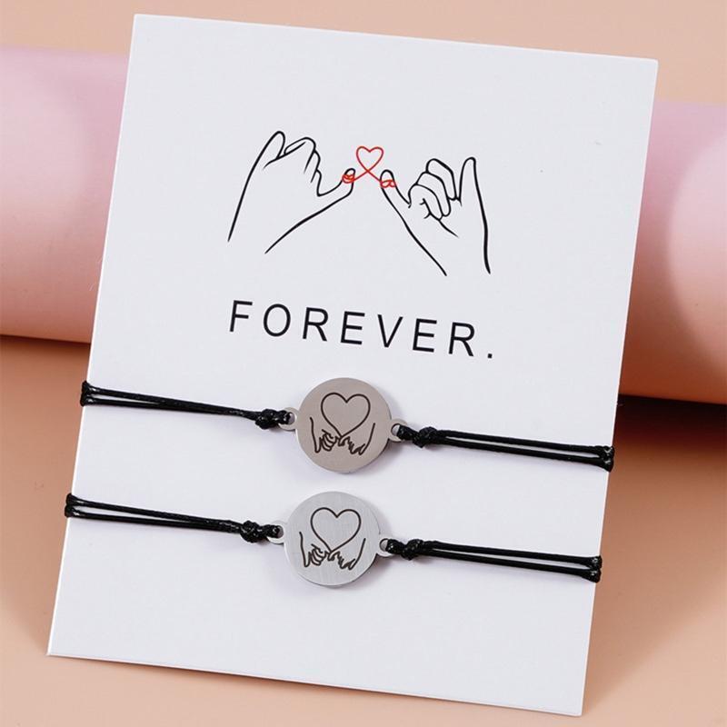 2Pcs Matching Bracelets Round Charm Pendant Wax Wristband for Best Friend Couple
